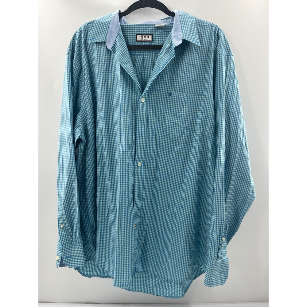IZOD Mens XL Blue Green Gingham Long Sleeve Button Down Shirt Stretch Cotton